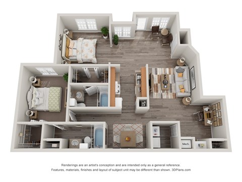 Floor plan for 2 beds, 2 baths, 1375 sqft